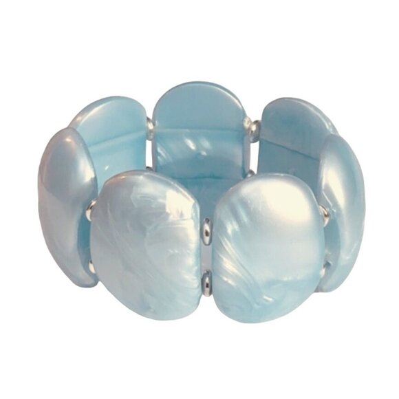 Chunky Vintage Marbled Light Blue Moon Glow Thermoset Lucite Panel Bracelet - Picture 2 of 3